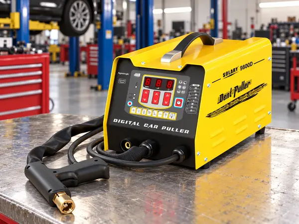 SOLARY 9800D Dent Puller & Spot Welder in an automotive repair workshop