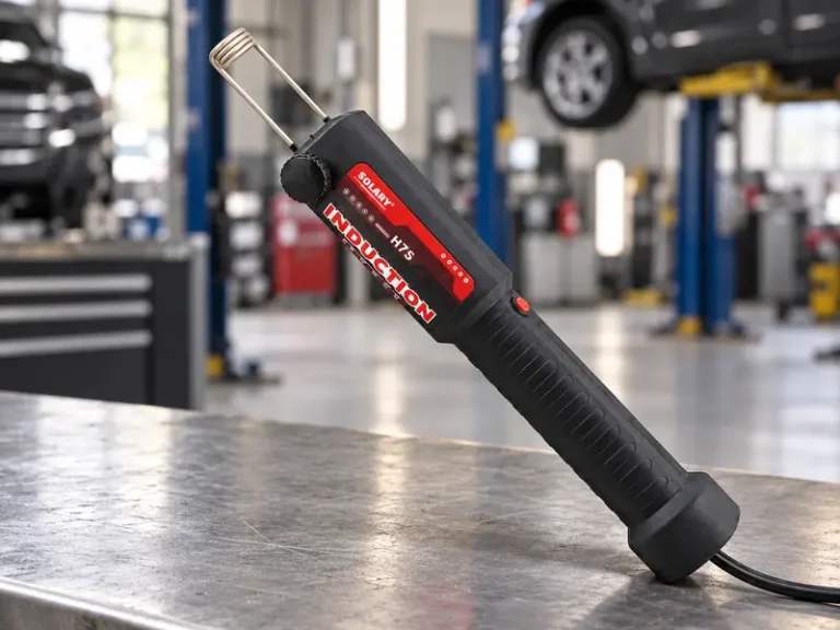 SOLARY H7S Handheld Induction Heater in an automotive repair workshop